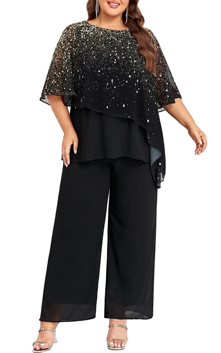 NWT Hanna Nikole Women Pant Sets 2 Piece Suit Dressy Size 16 Chiffon Gold Black