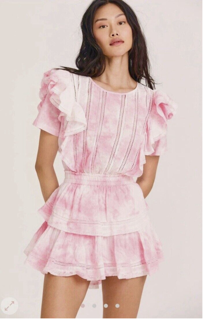 LoveShackFancy Gwen Floral Mini Dress Large Peony Pink Tie Dye Ruffled Party