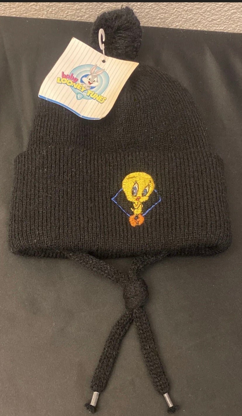 Vintage Baby Looney Tunes Tweety Bird Beanie Hat Baby Childs Knit Black 1998