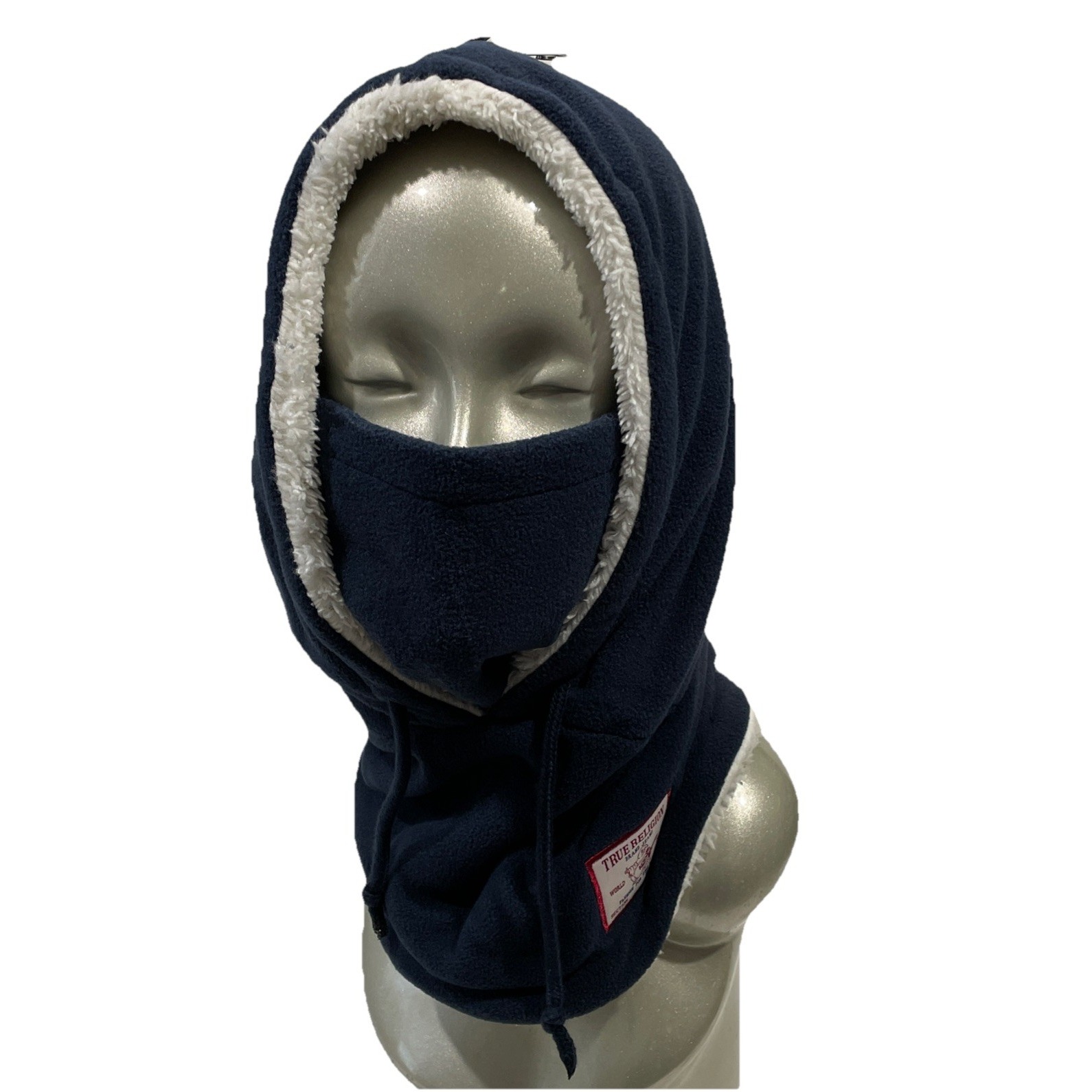 True Religion Balaclava Hood Hat Unisex OS Navy Drawstring Cold Weather Fleece