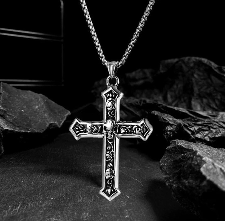 Stainless Steel Gothic Skull & Rose Cross Pendant Necklace