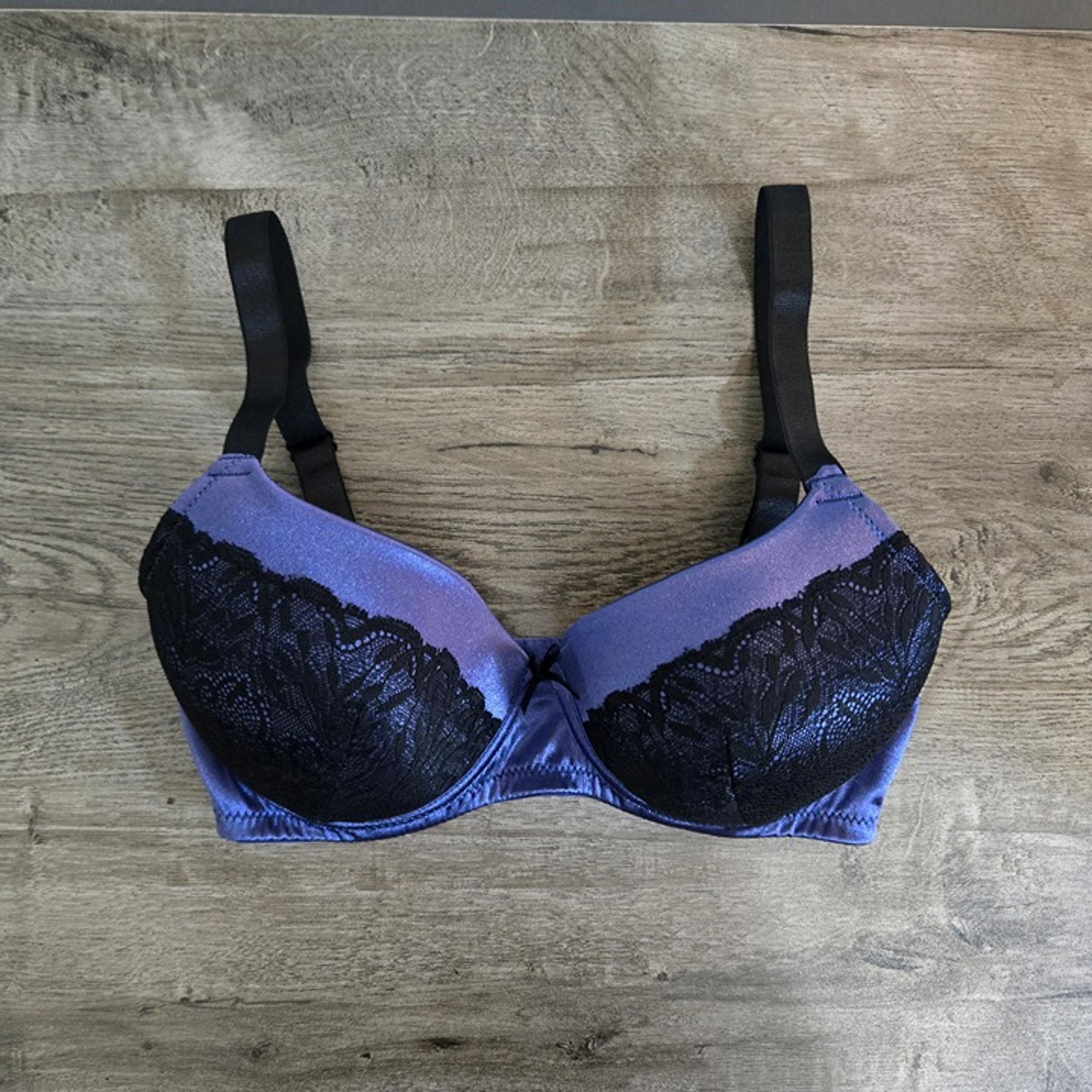 NWOT Barely Breezies Modesty Lined Bra Black Blue Satin Lace 32D