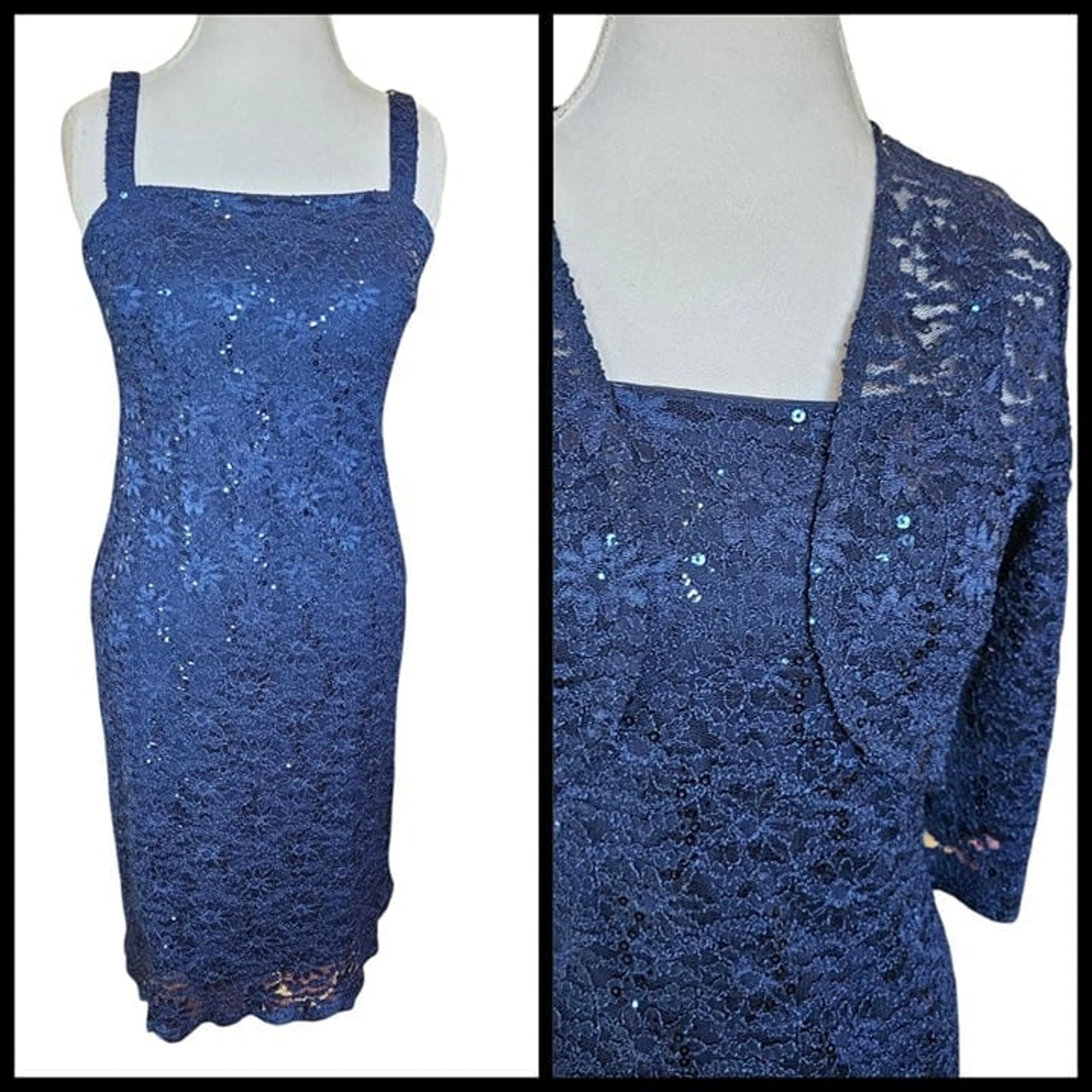 Y2K Womens Dark Blue Lace Sequins Formal Dress Bolero Sz 8 Stretchy Mother Bride