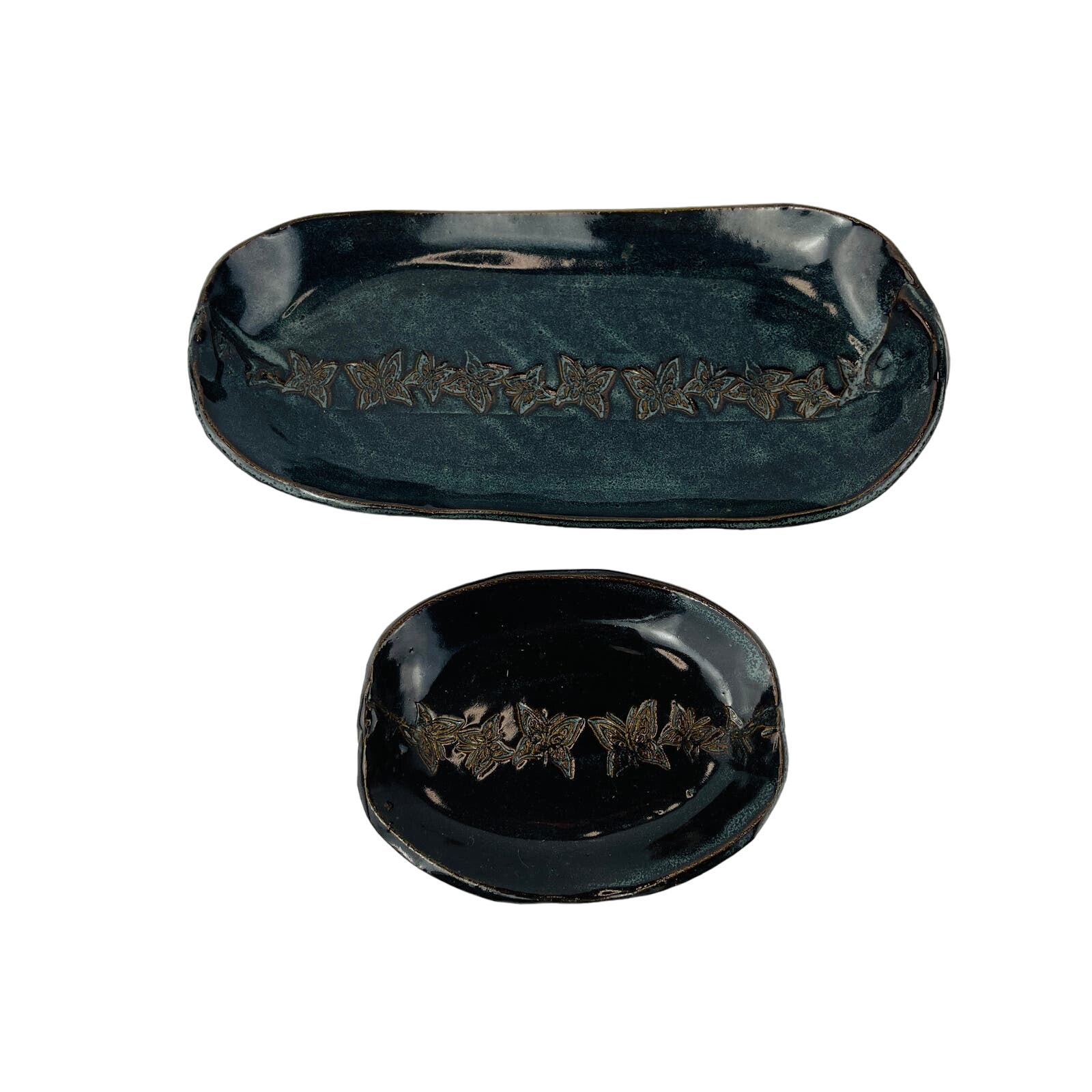 Two Dark Blues Browns Art Pottery Butterfly Plates