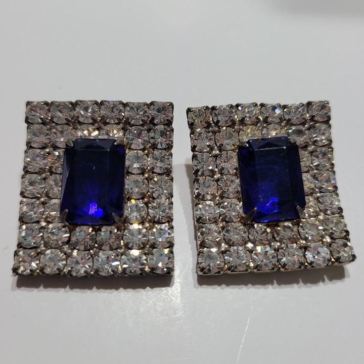 Vintage Faux Sapphire Rhinestone Clip On Earrings Art Nouveau Silver Tone