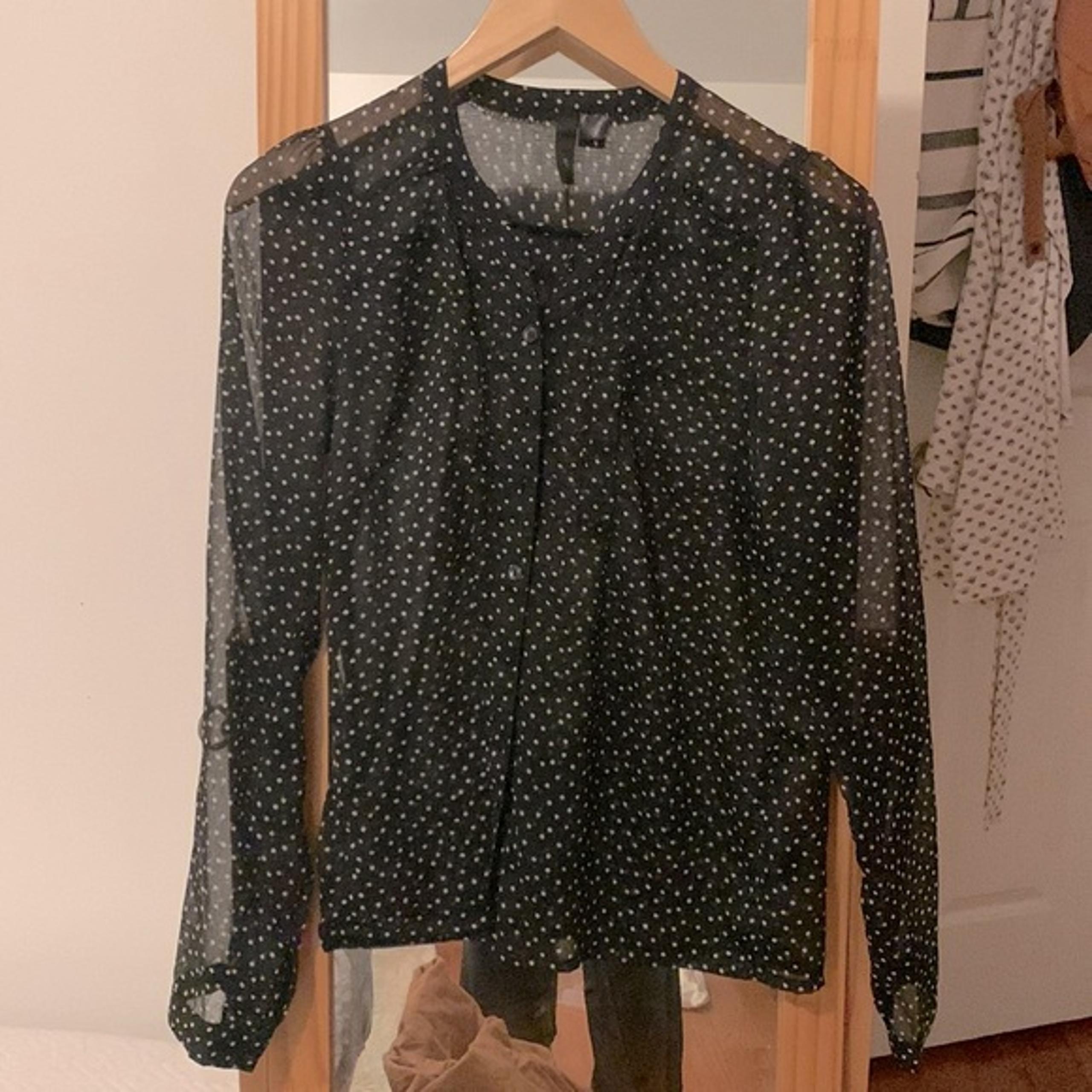 H&M Sheer Polka Dot Dress Shirt 6 Button Down Top Womens Chiffon Collarless