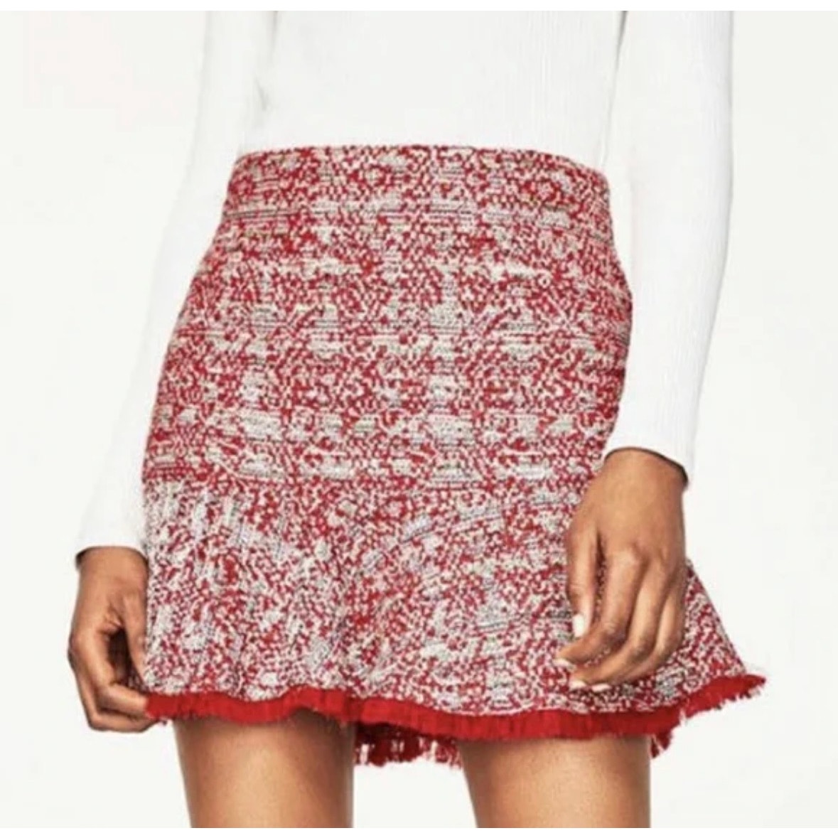 Zara Red Tweed Mini Skirt Fringe size XS