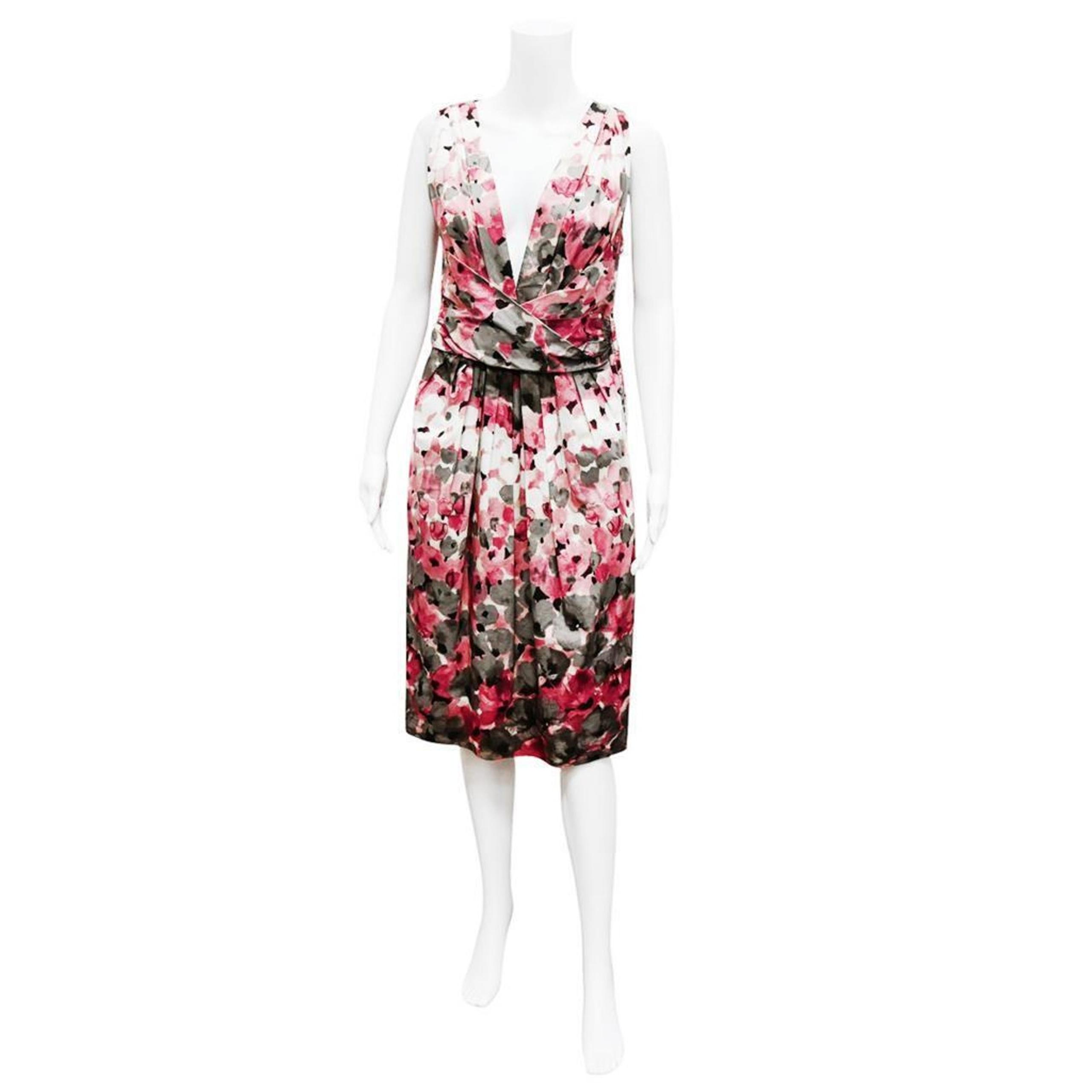 Moschino Floral Cotton Sheath Dress Size 10 Pink Sleeveless Deep V Neck