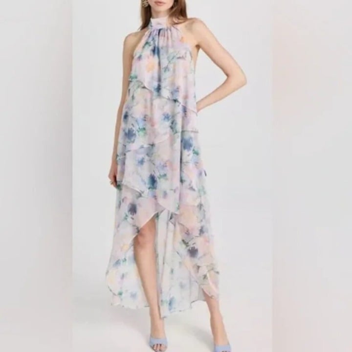 MISA Womens Victorian Dress XS Waterfall High Low Event Halter Neck Abstract NEW