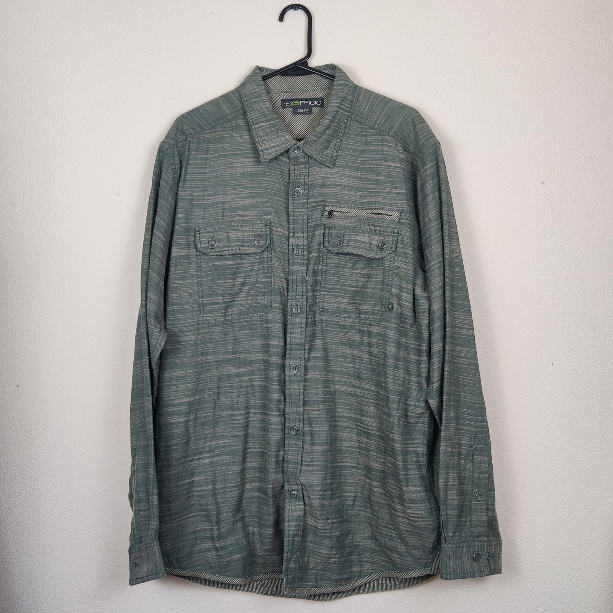 ExOfficio Men's Woven Button Up Long Sleeve Travel Shirt Heather Green XL