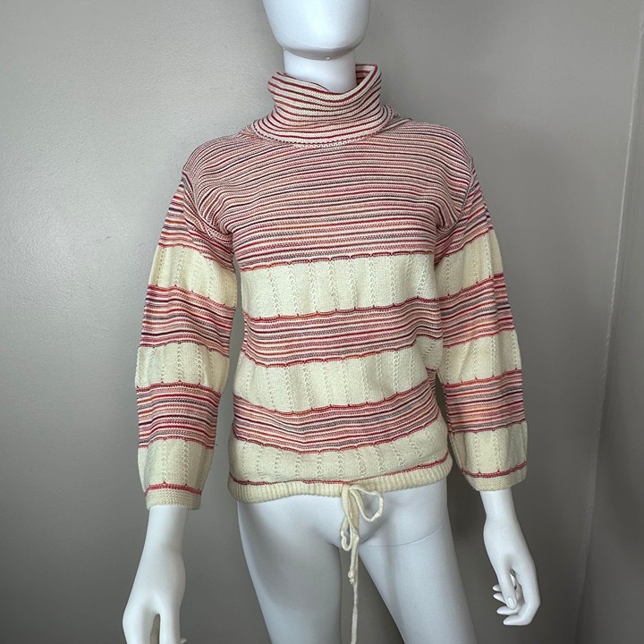 Vintage 1970s Striped Turtleneck Sweater with Drawstring Waist, Size Small