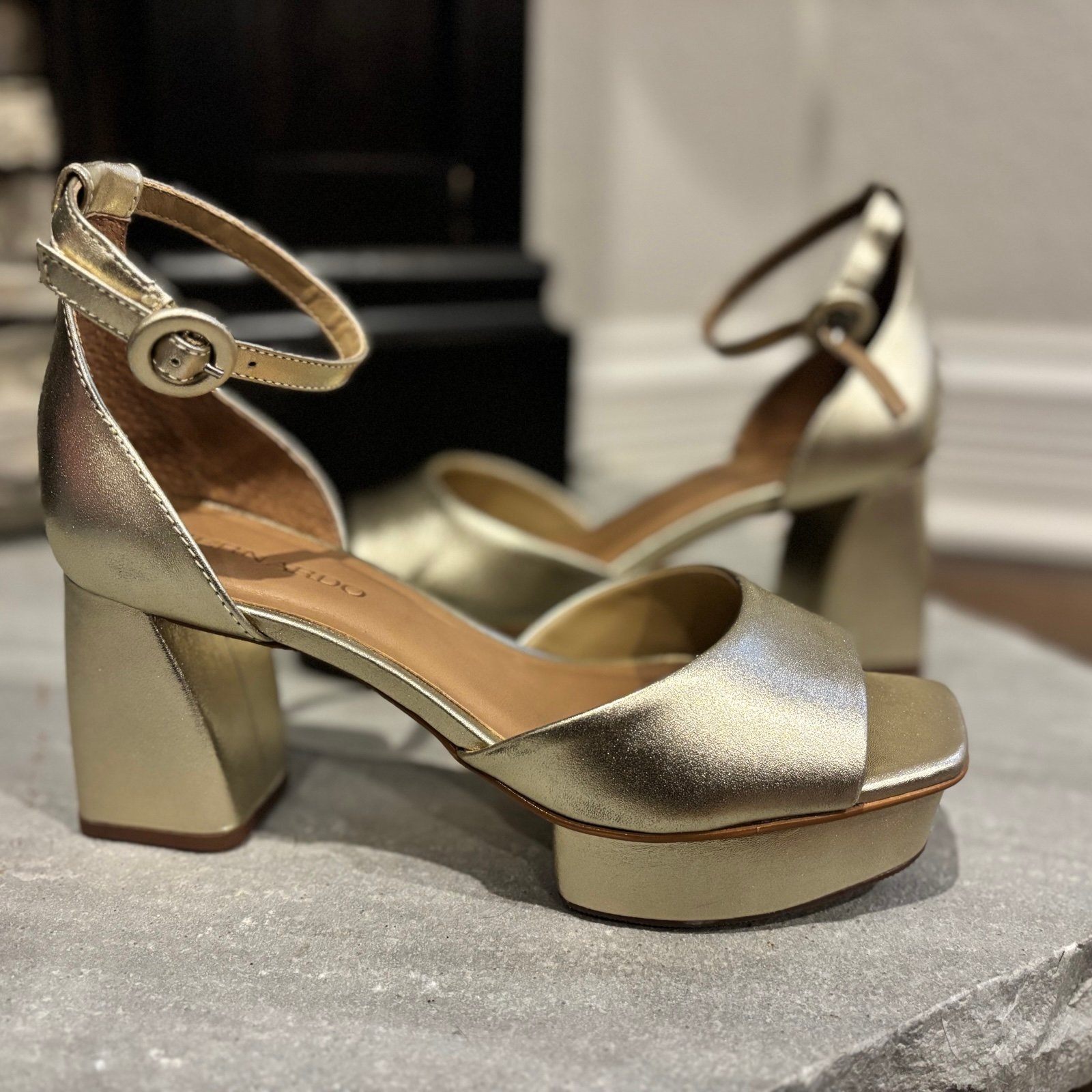 Bernardo Women’s 6.5 Raleigh Champagne Metallic Platform High Heel Ankle Strap