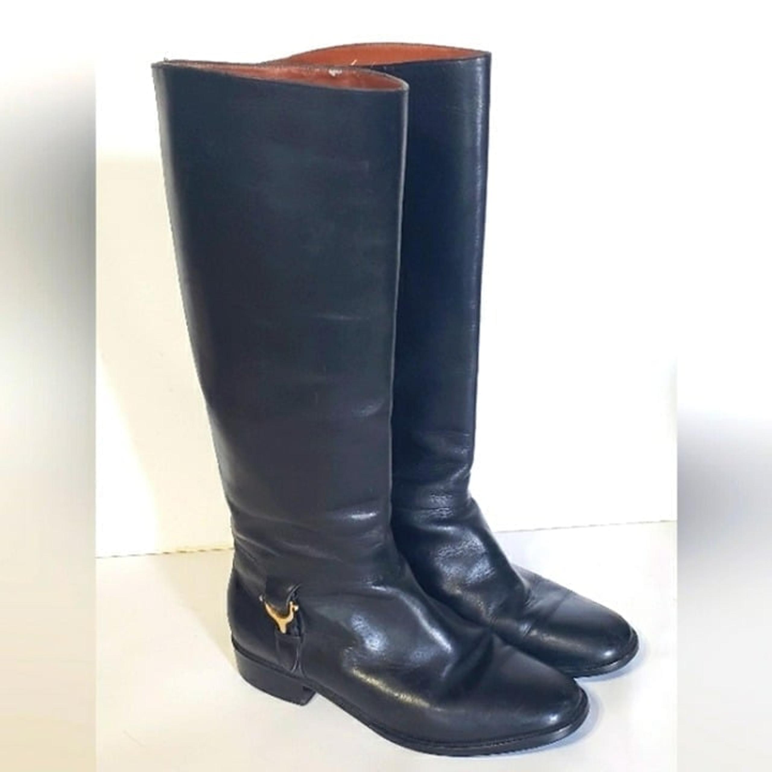 Genuine Etienne Aigner leather riding boots womens size 7m black brass hardware