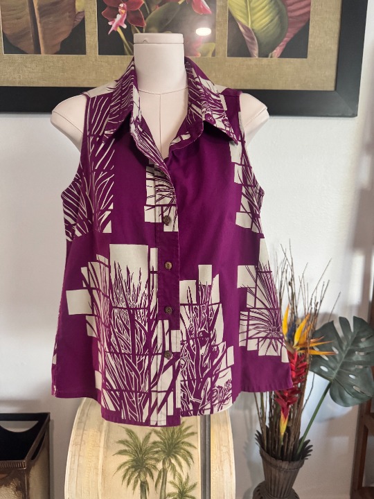 Sig Zane Women's Aloha Hawaiian Print Button Down Shirt Sleeveless Purple M