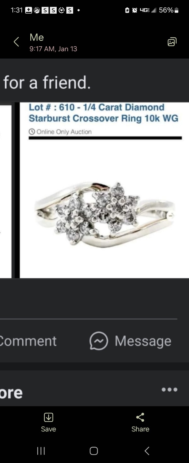 1/4 Karat Diamond 10k White Gold Starburst Crossover Ring Size 7.5