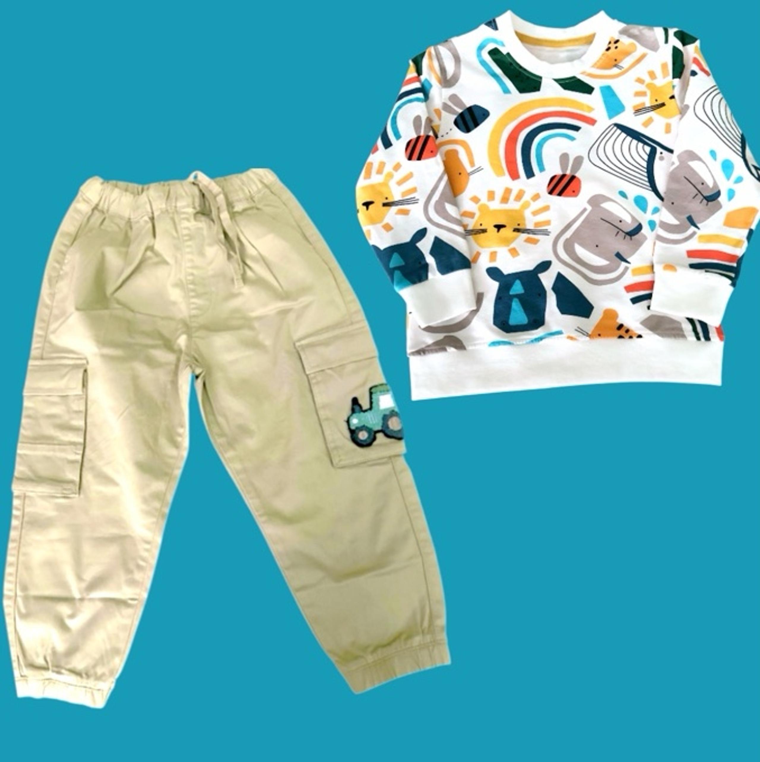Embroidered Tractor Appliqué Cargo Pants &  Print Shirt Boys Matching Outfit