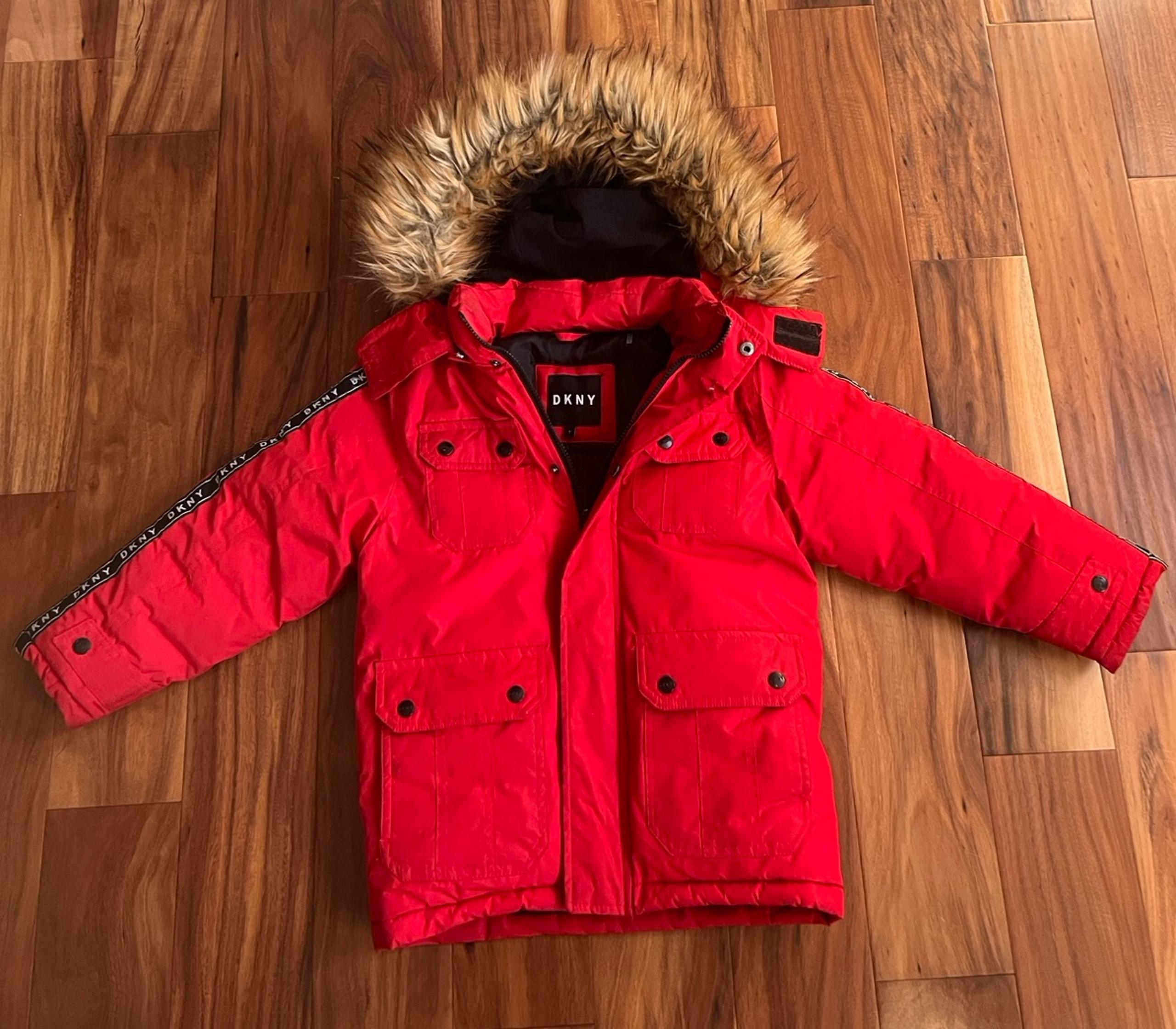 DKNY Faux Fur Hood Parka Winter Jacket Coat Red, Kids (Boys / Girls) Size 7