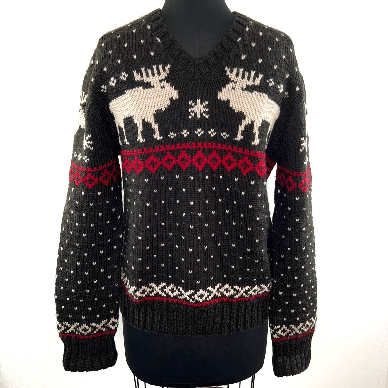 VINTAGE Polo by Ralph Lauren 90s WOOL Moose Intarsia Fair Isle Brown Sweater M