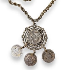 Vintage Silver Tone REPUBLIQUE FRANCAISE COIN Pendant necklace 22 inch