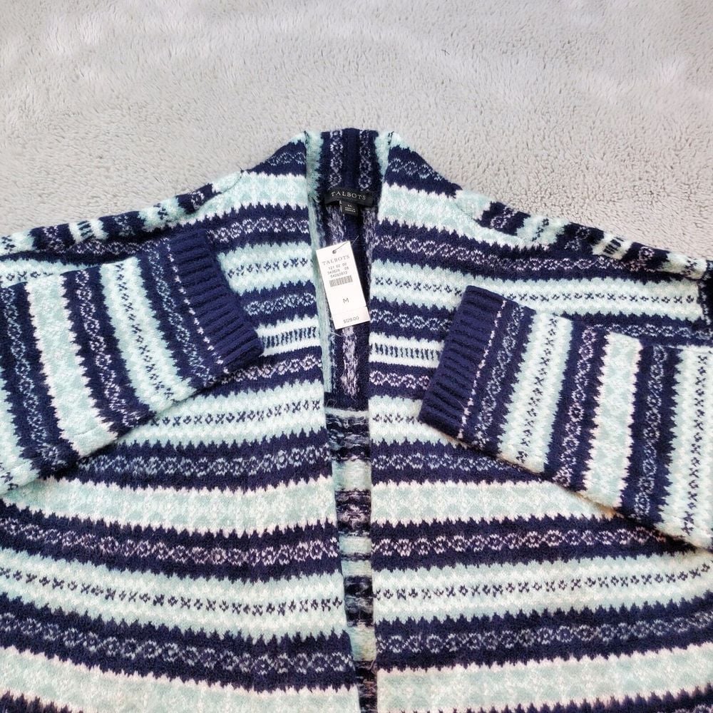 Talbots Open Front Cardigan Duster Womens M Blue Long Sleeve Fair Isle Sweater