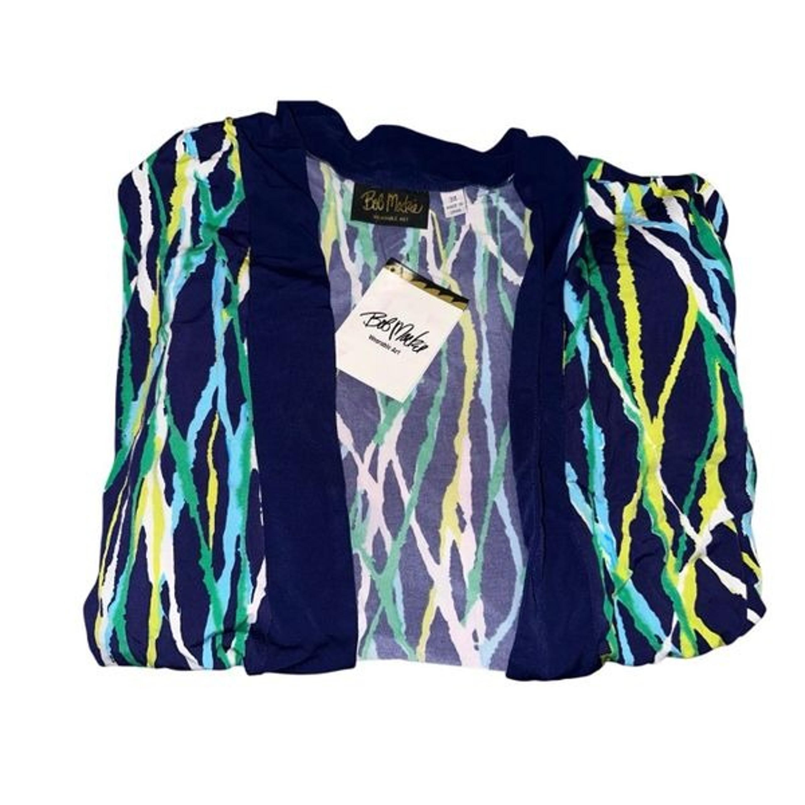 Bob Mackie Womens 3X Printed Kimono Top Blue Contrast Solid Trim Stretch NWT
