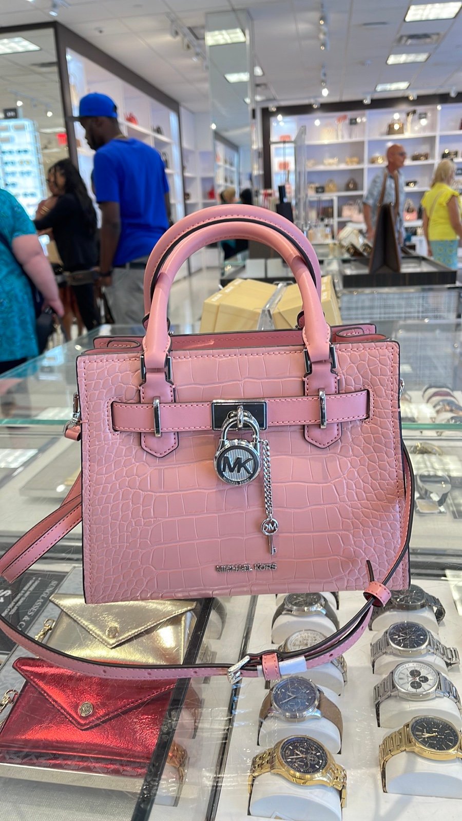 MICHAEL KORS Hamilton Small Crocodile Embossed Faux Leather Satchel Primrose