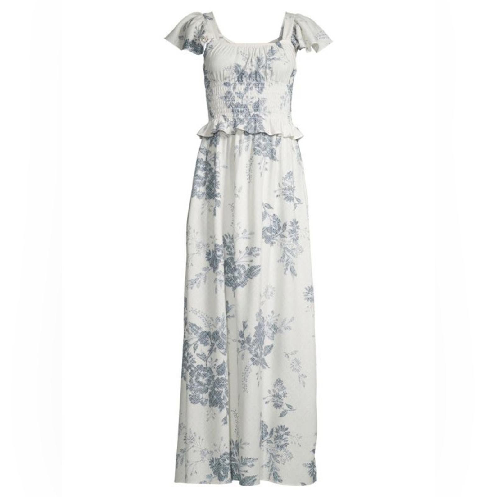 Love Ady Smocked Waist Linen Blend Maxi Dress, Nude/Navy Size M New w/Tag 178