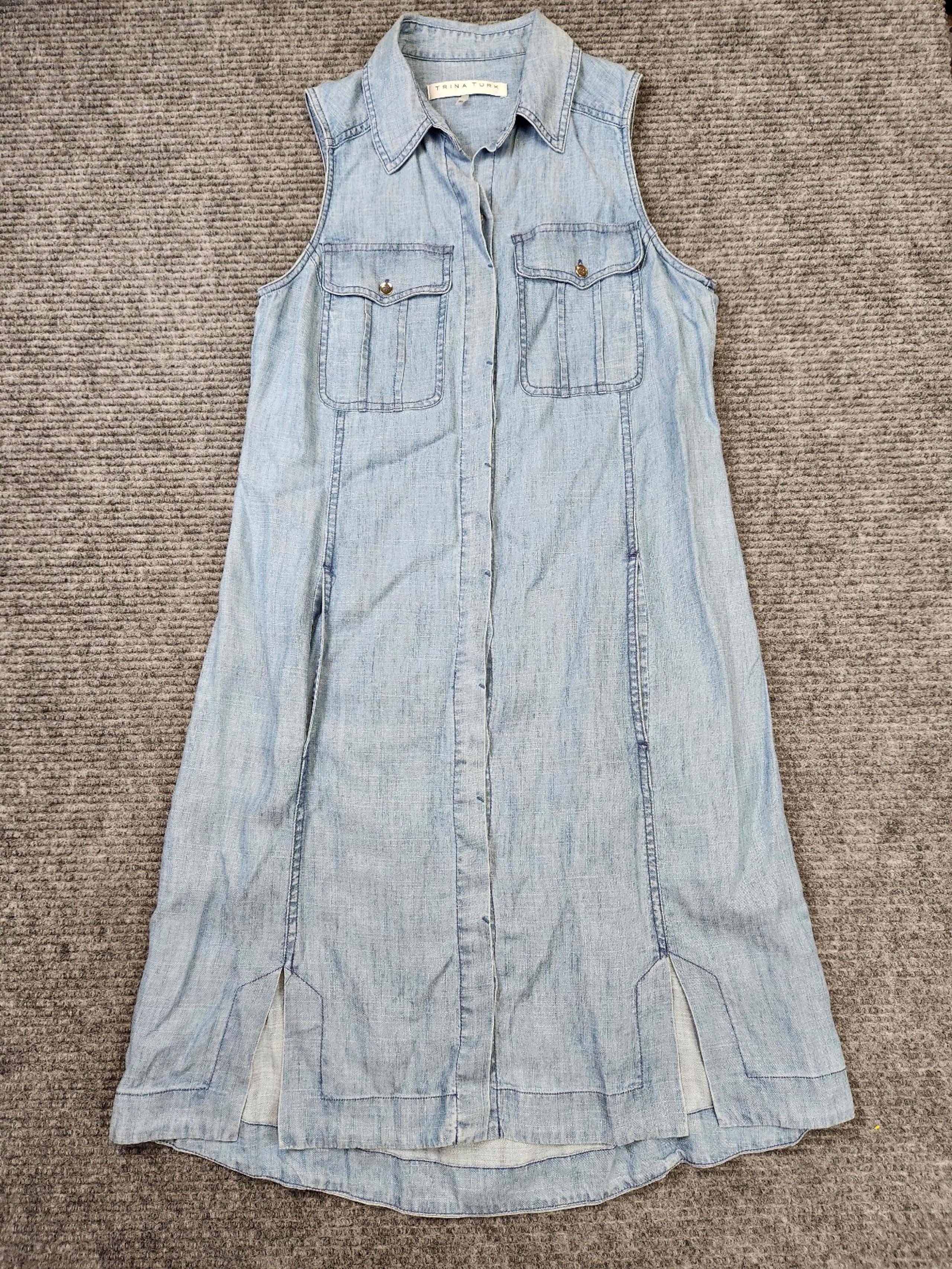 Trina Turk Sunset Harbor Sz Medium Sleeveless Button Front Chambray Linen Dress