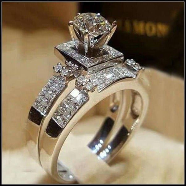 NEW 2PC/SET Stamped 925 silver/18K Round Diamond Ring 25 S6