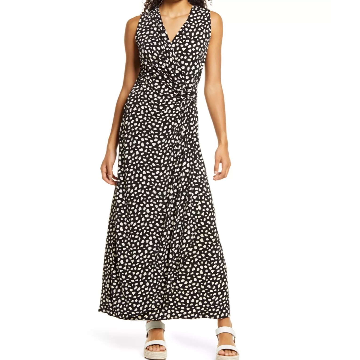 Tommy Bahama Clara Maxi Dress Black White Sleeveless Twist Front Faux Wrap Sz XS