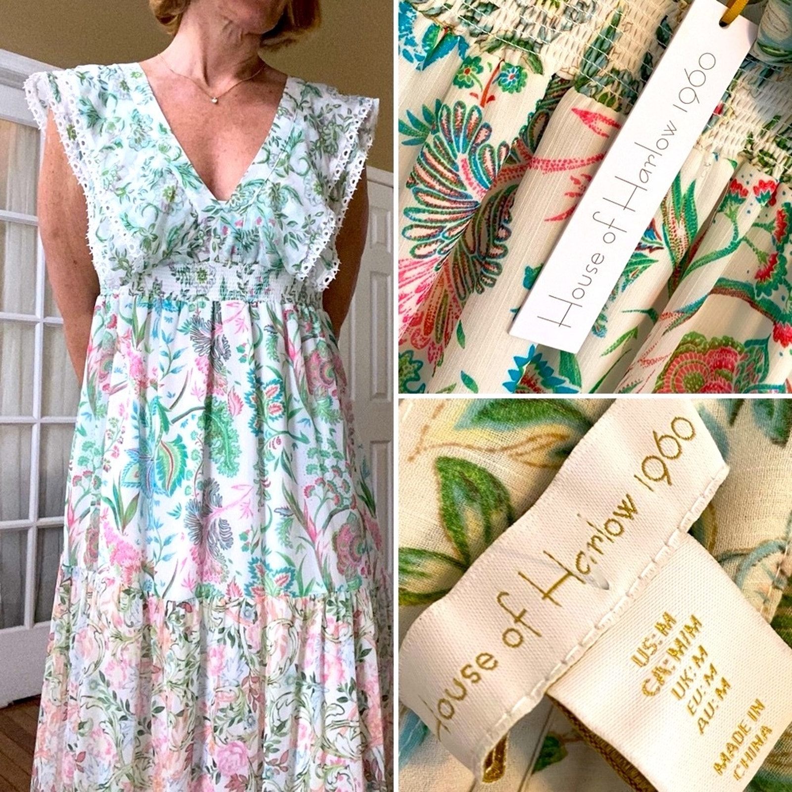 New House of Harlow 1960 Pink & Green Floral Tiered Maxi Dress M NWT