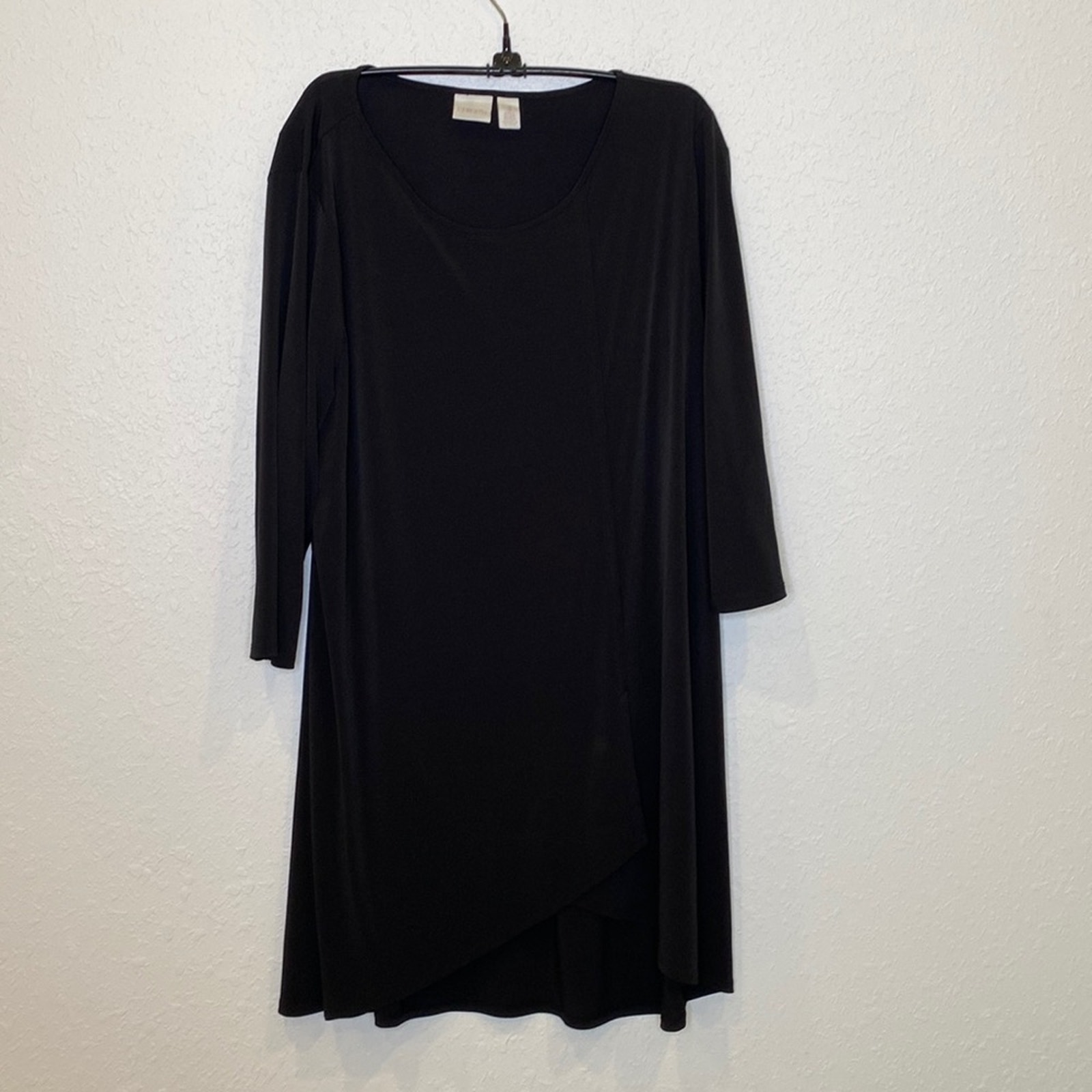 Chico’s Drapey Hem Black Long Tunic Top 3/4 Sleeves Scoop Neck EUC Sz 16