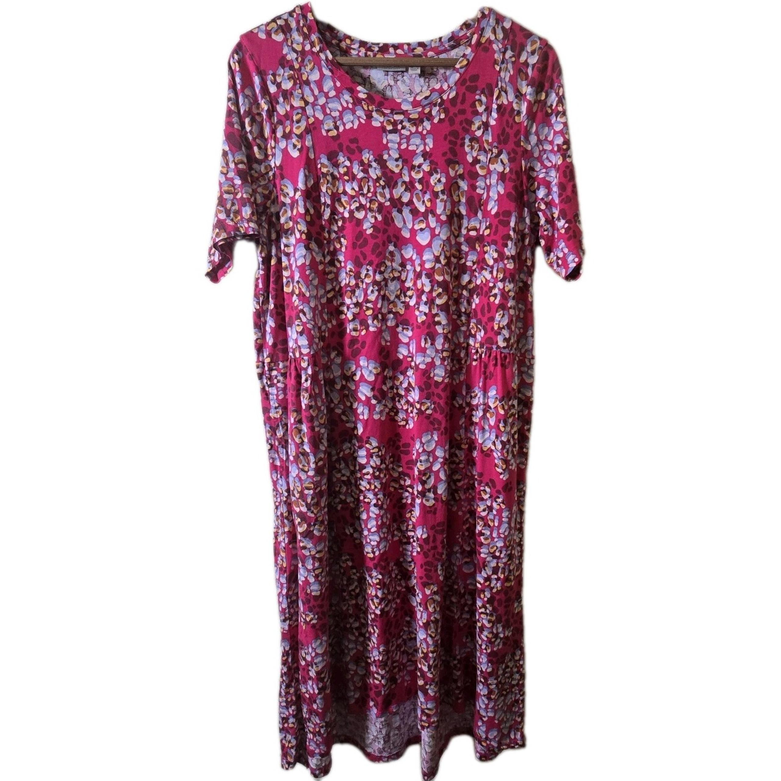 LOGO Lori Goldstein Midi Dress Large Pink Floral Printed Short Sleeves Pink