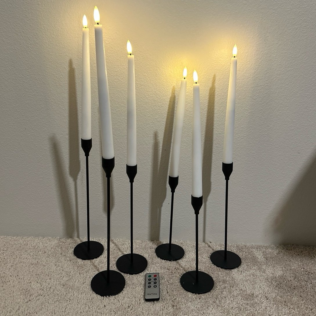 6 LED Battery Powered Tapered Candles (White) with 6 Black Candle Holders