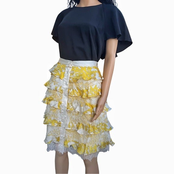 Bill Blass New York Silk and Lace Yellow Floral Ruffle Skirt - Rare