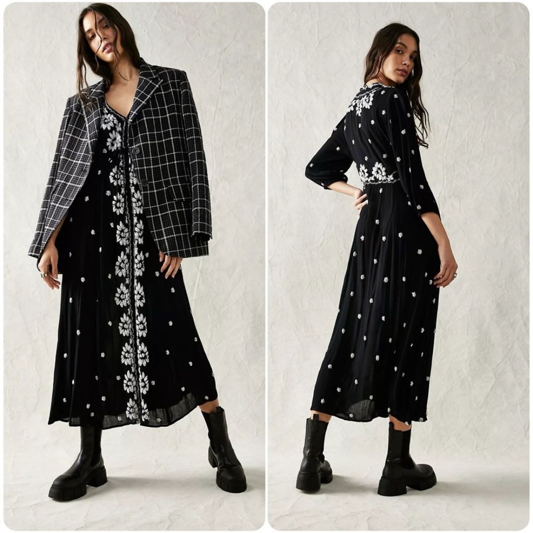 Free People Embroidered Fable Midi Dress in Black