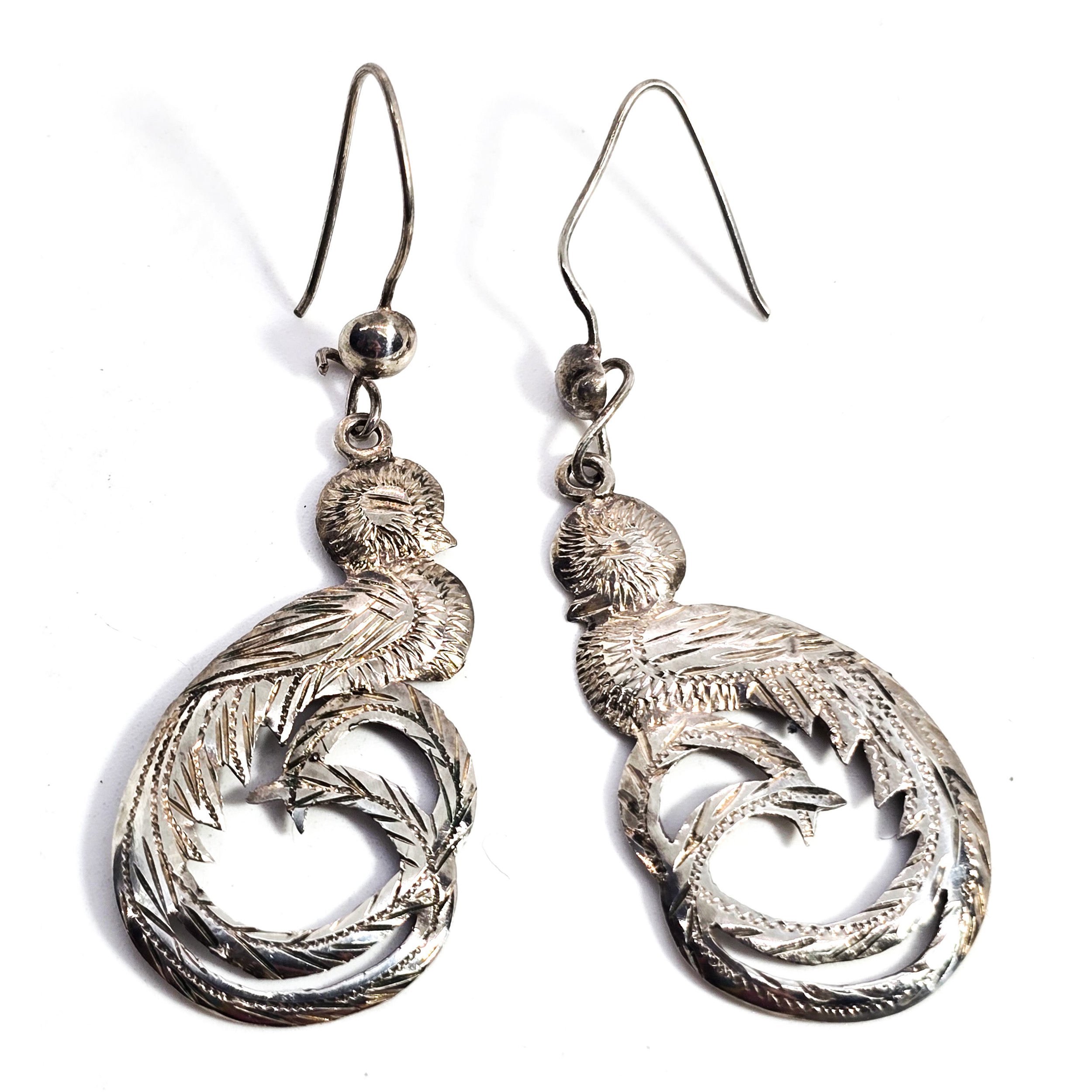 Quetzal Guatemala Bird etched vintage sterling silver 900 earrings
