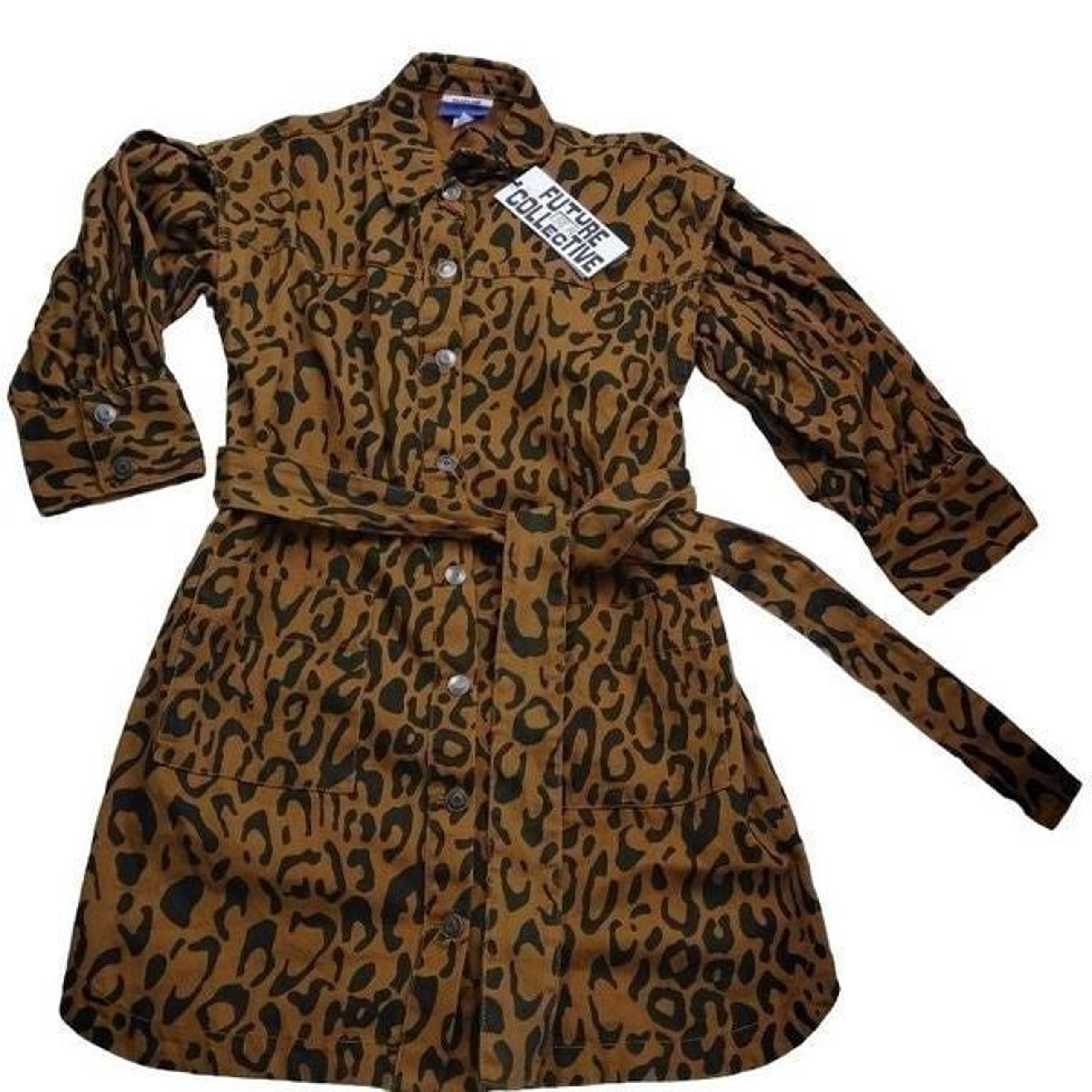 Future Collective Kahlana Barfield Brown Leopard Denim Button Down Dress Women's