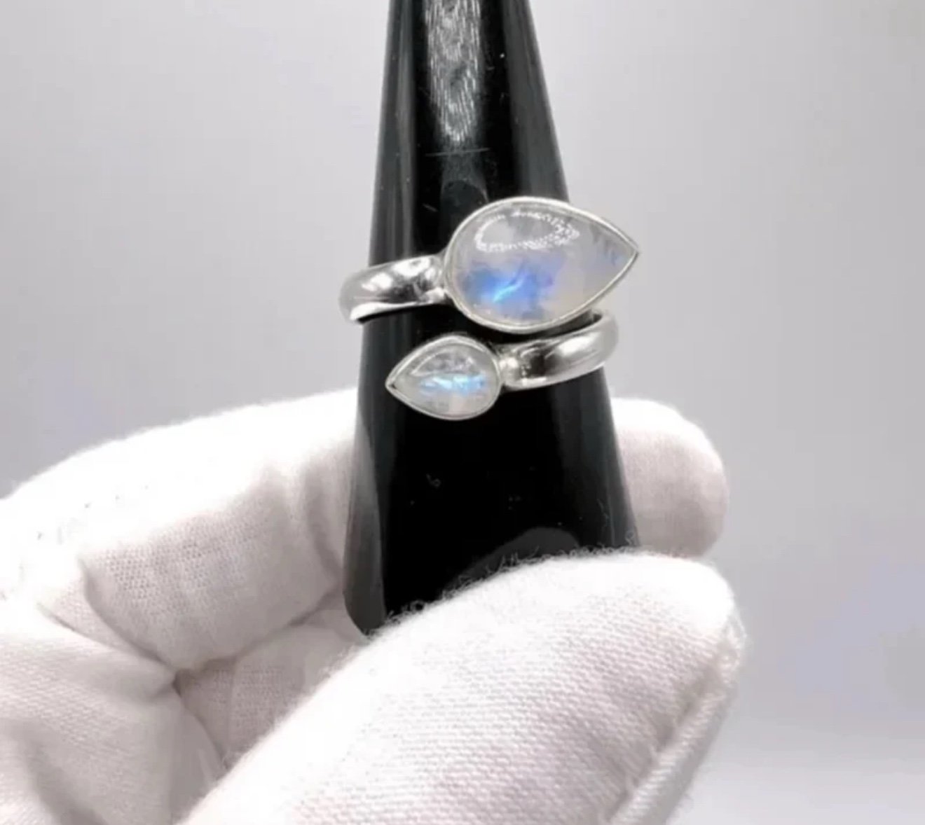 Genuine Rainbow Moonstone .925 Sterling Silver Tear Drop Ring