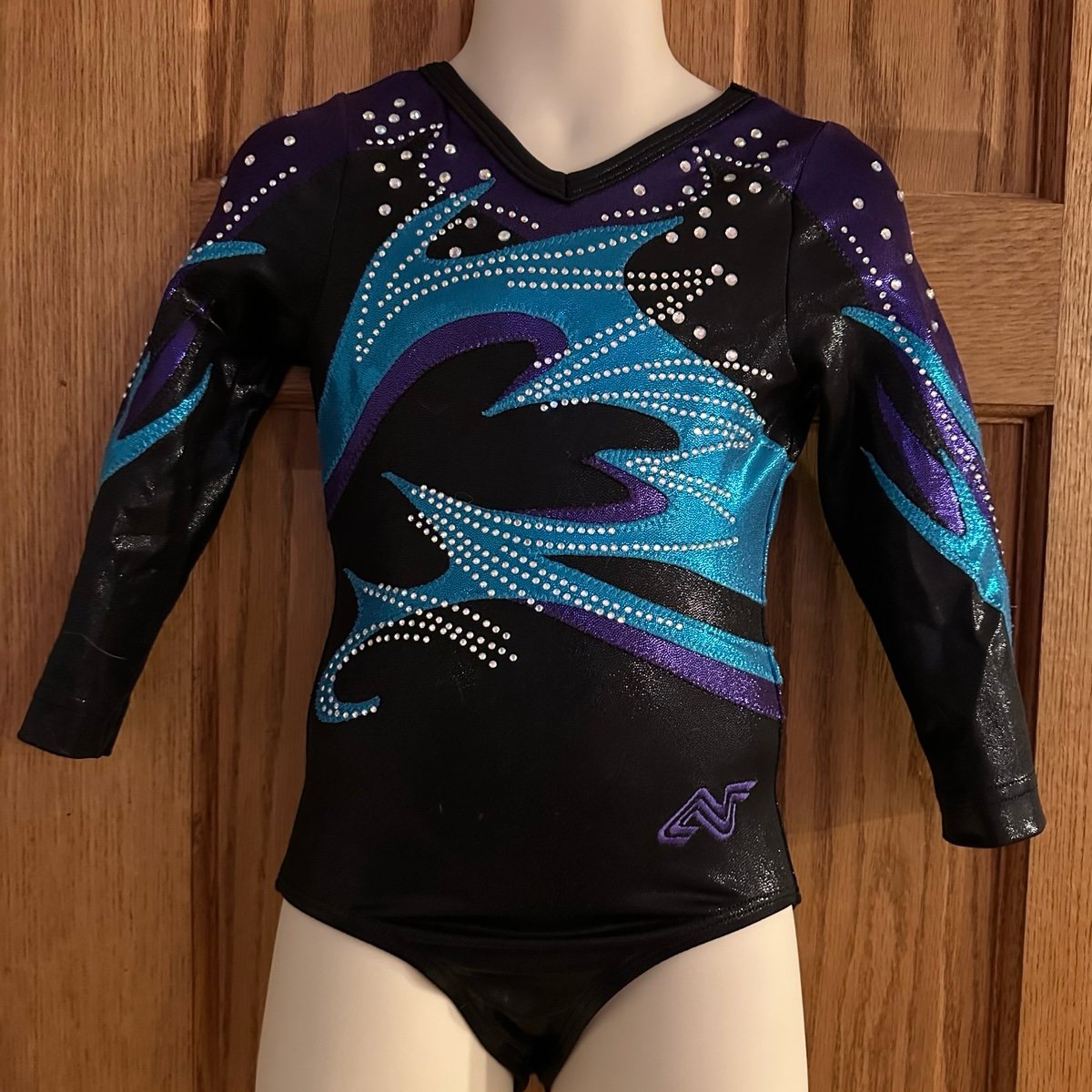 ALPHA FACTOR Black Teal Purple Rhinestone 3/4 Sleeve Gymnastics Leotard CS