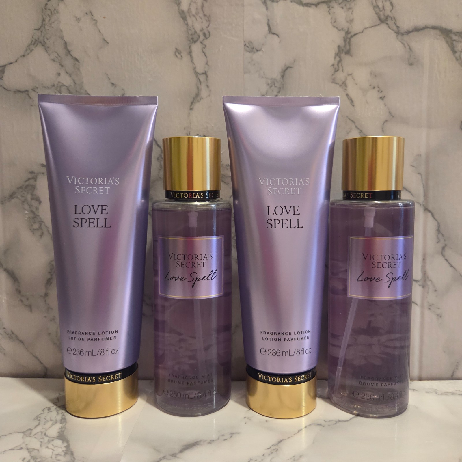 BRAND NEW VICTORIA'S SECRET LOVE SPELL BODY LOTION & LOVE SPELL BODY MIST 4PCS.