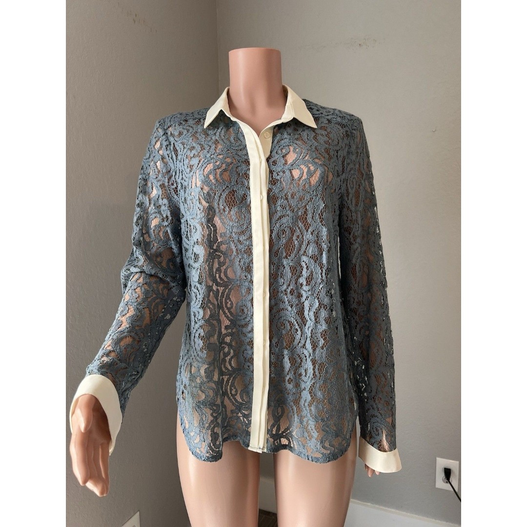 Anthropologie Maeve Gray off white Sheer Lace Collared Button Size 12 Top NWT
