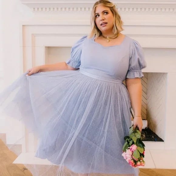 Ivy City Co Encore Puff Sleeve Swiss Dot Tulle Midi Dress Periwinkle Sz XXL NWT