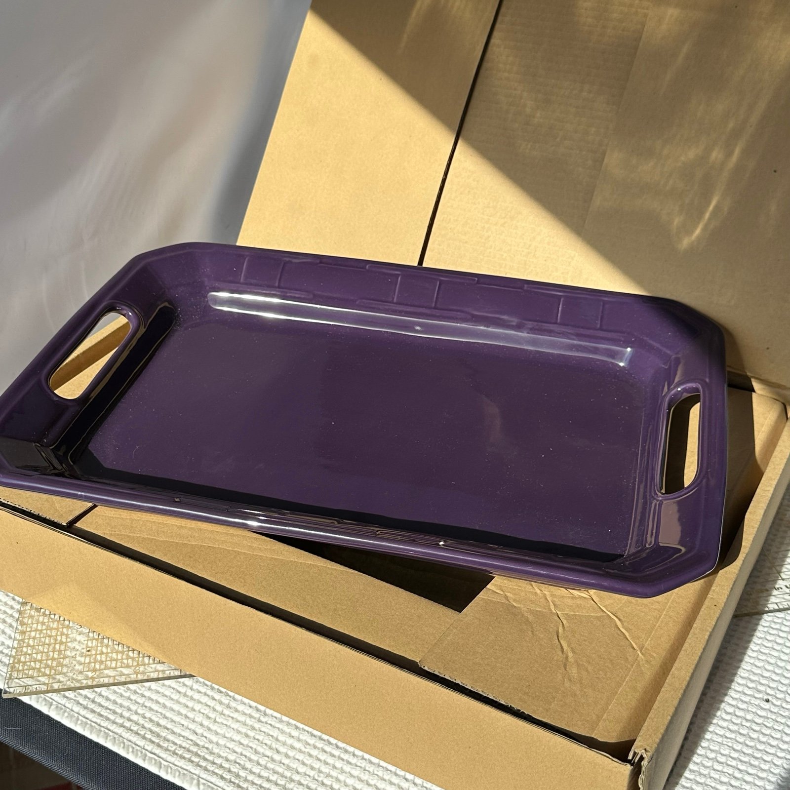 New Longaberger Pottery Woven Traditions Handled Platter Tray Eggplant Purple