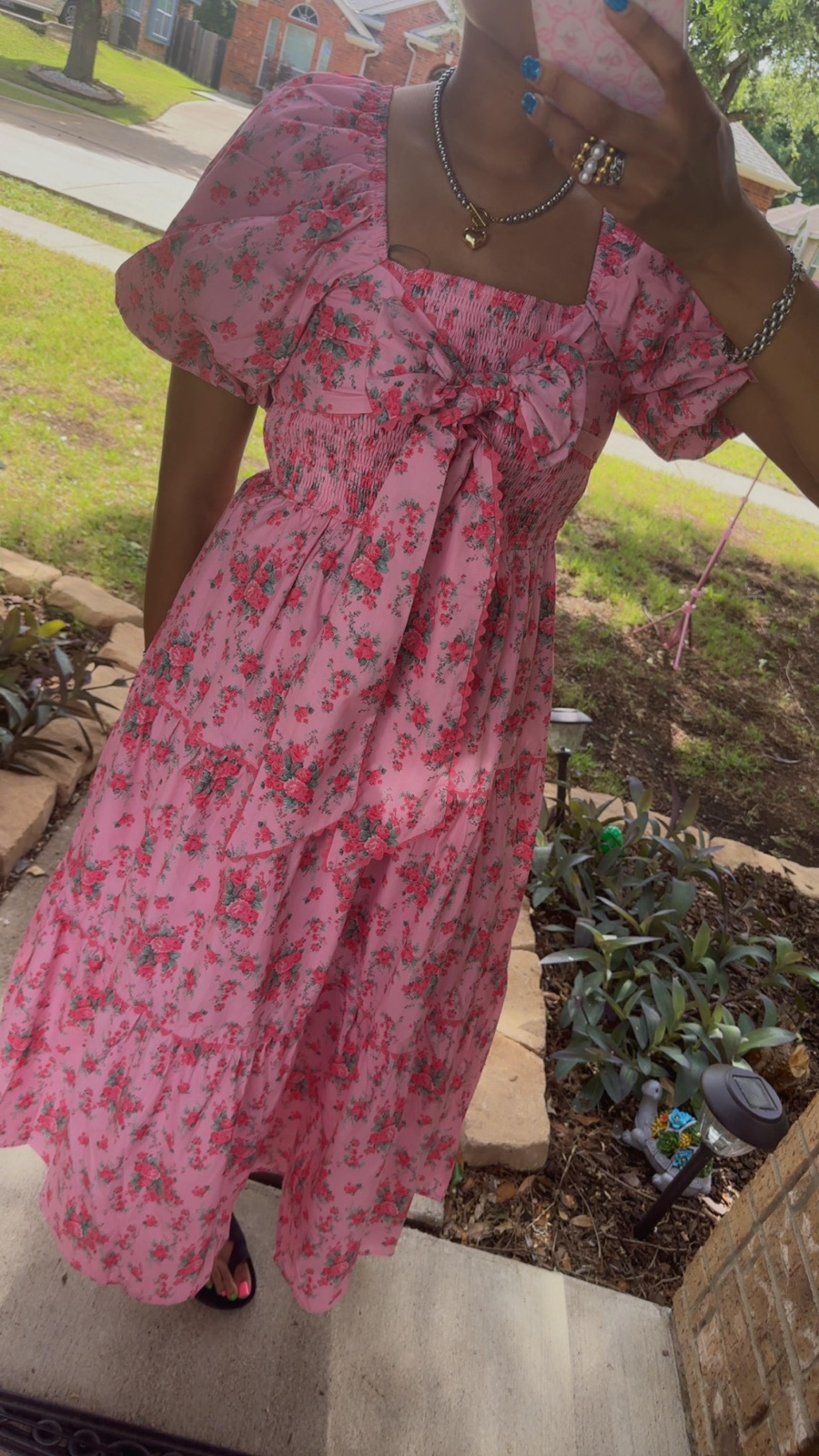Pink Floral Printed Tiered Maxi Dress Front Bow Bubble Sleeve| Love Shack Fancy