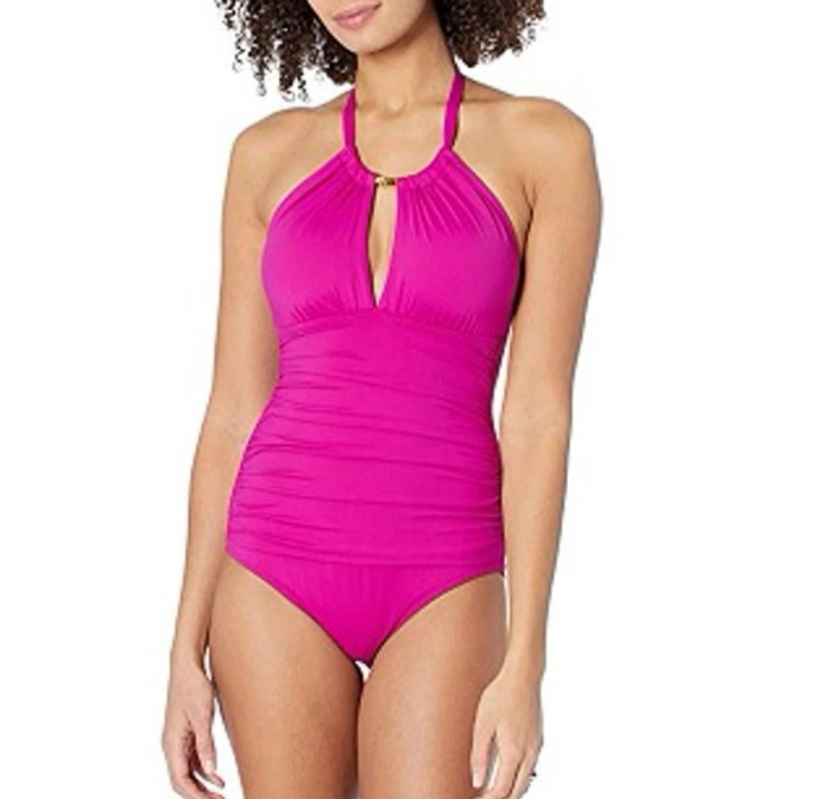 Ralph Lauren PURPLE Beach Club Solid High Neck One-Piece Swimsuit .