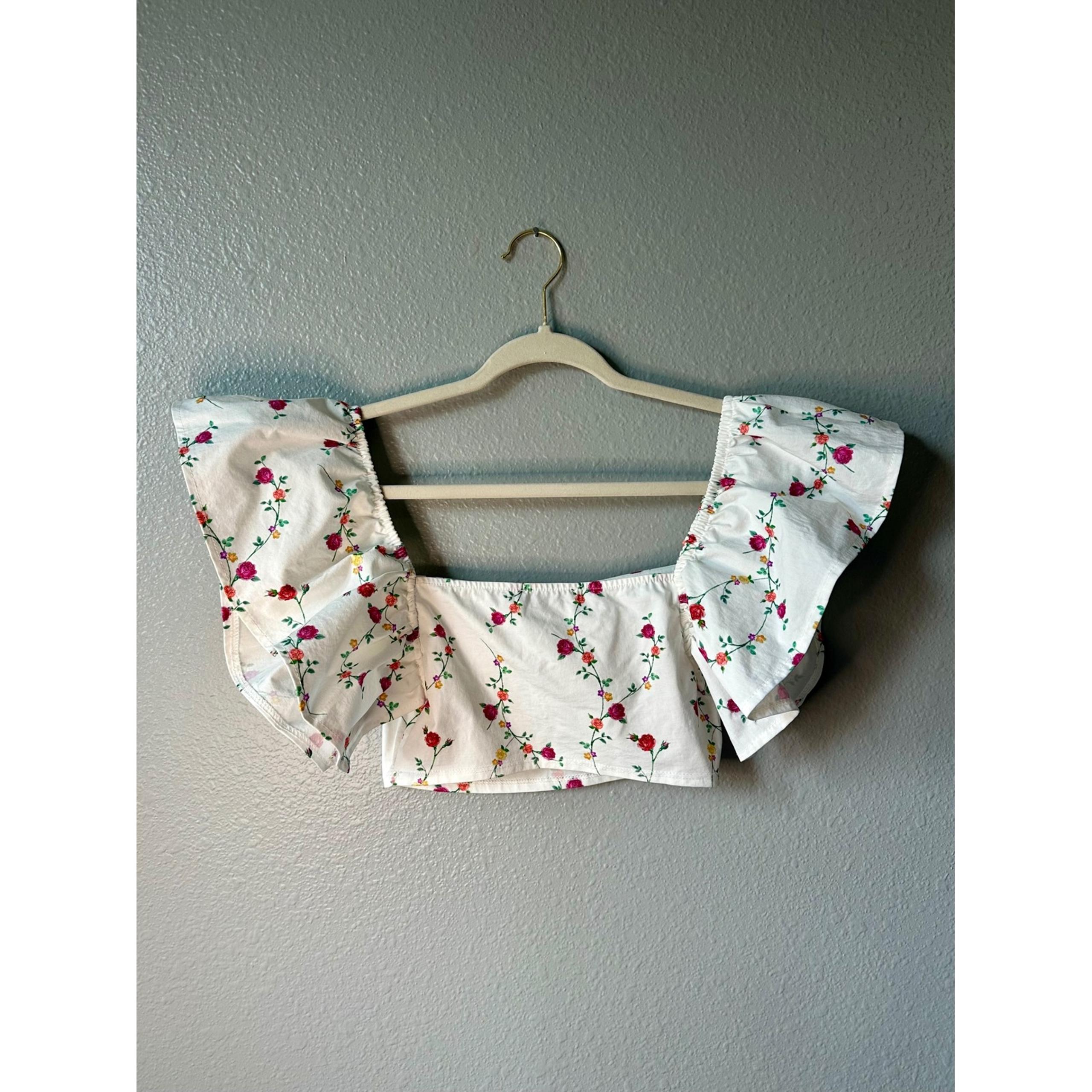 Zara Floral Crop Top Ruffle Sleeve Square Neck Summer Blouse Size S