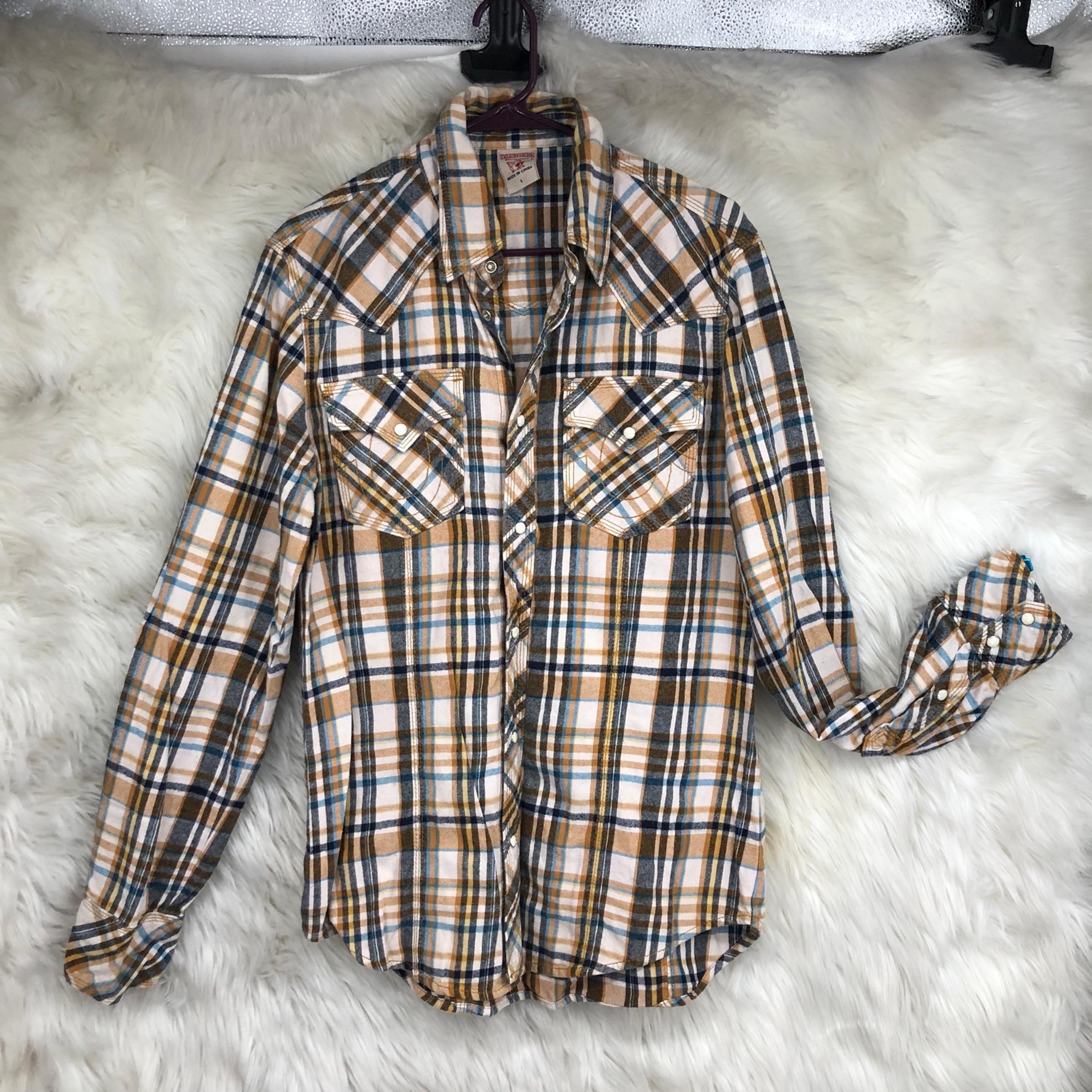 Men’s True Religion Flannel, Plaid, Pearl Snap Western Shirt, Full Snap Front L
