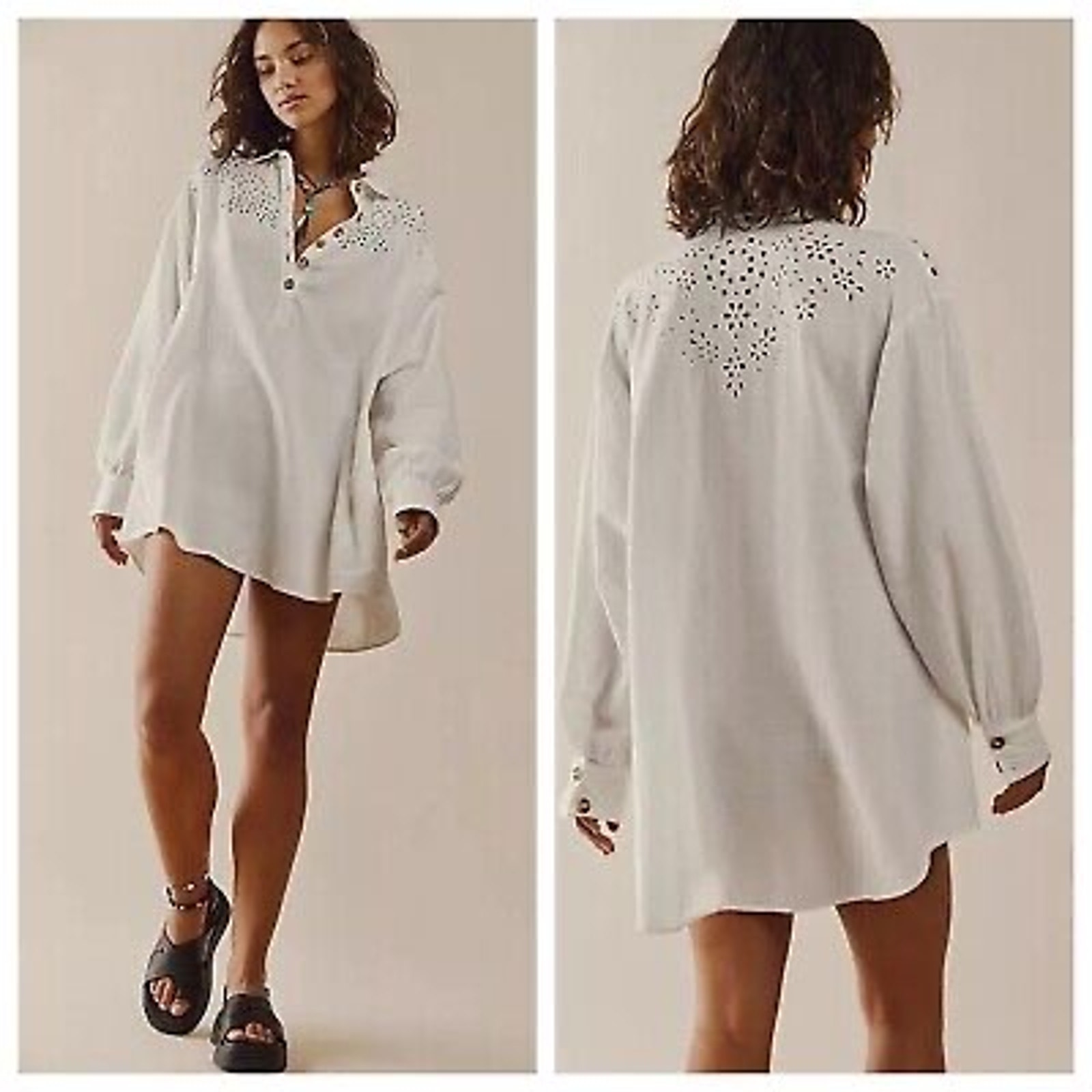FREE PEOPLE Vera Shirtdress Eyelet Embroidered Linen Blend Ivory White