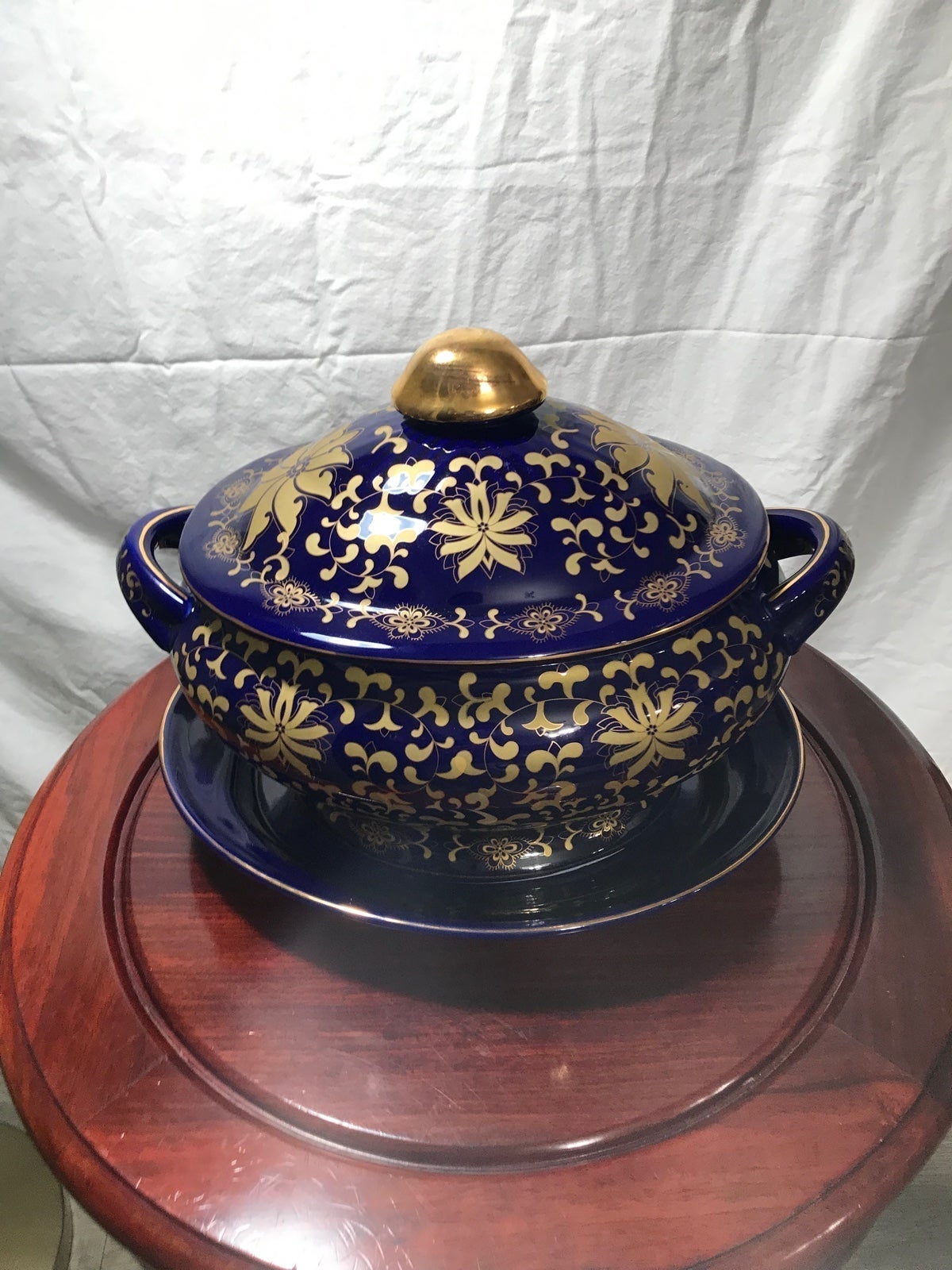 Large Vintage Chinese Hand Painted Blue Navy and Gold Porcelain.
